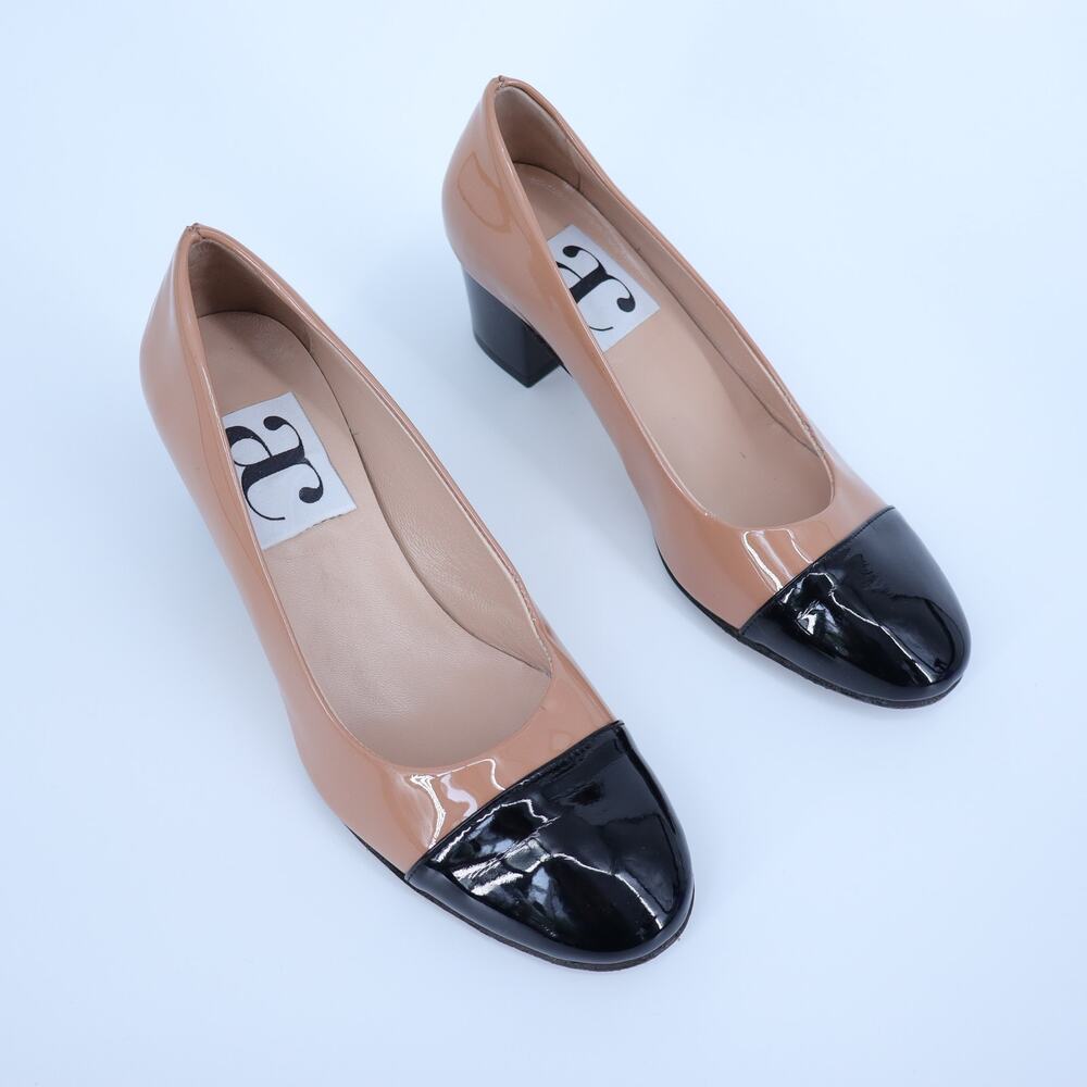 ANDREA CARRANO Francesca Pump Cognac Black Patent Leather $395 Women's 36/US 5